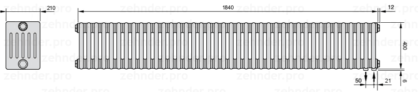 Схема (чертеж) Радиатор Zehnder Charleston 6040/40 №5510 Белый глянцевый RAL 9016